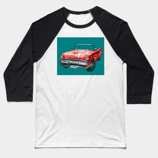 Sixties Era Red Car On Teal Vintage Auto Style Wheels Baseball T-Shirt